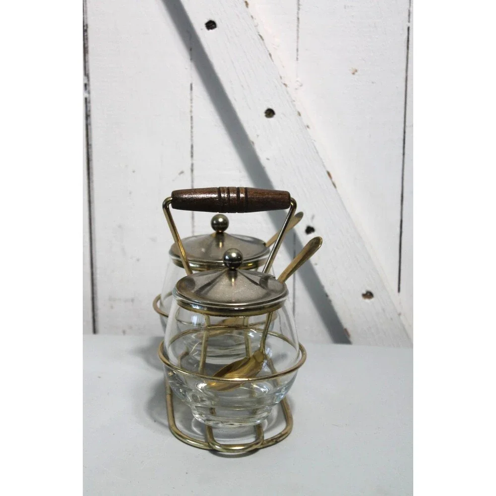 Mid Century Condiment Set Wire Rack Libby Glass Lid/Spoons, Jam, Relish Sauces